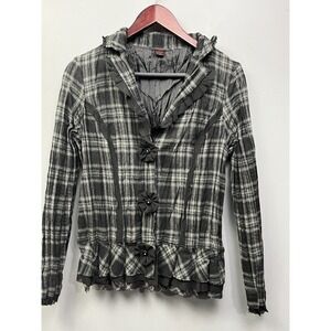 Alison Sheri Jacket Womens Small Black White Plaid Ruffle Flower Button C18594